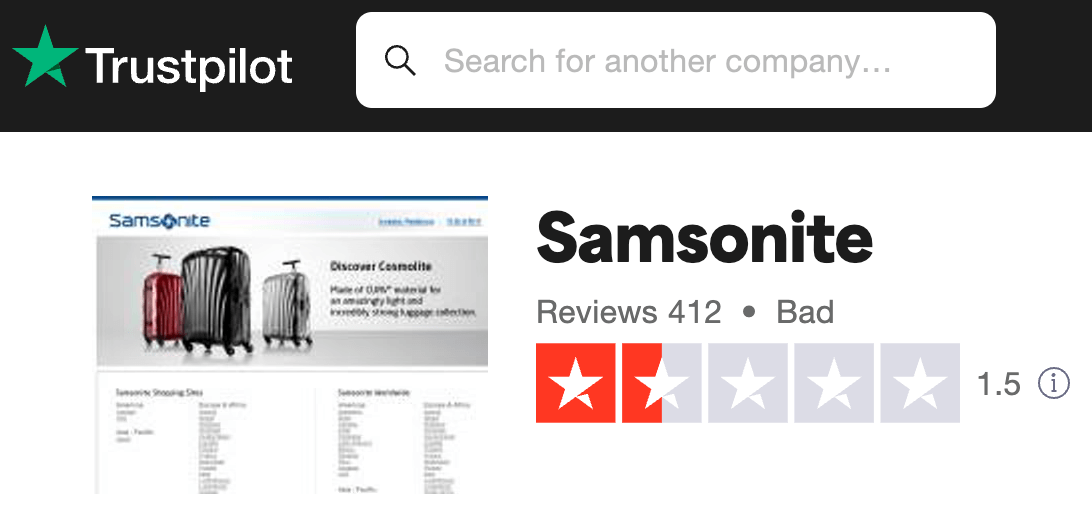 samsonite trustpilot review 1.5 stars out of 5 bad review with screenshot of samsonite website and trustpilot logo on top of screen