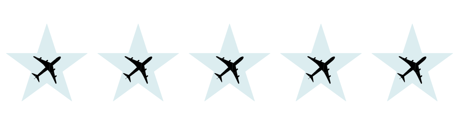five light blue star shapes with black airplanes in each star