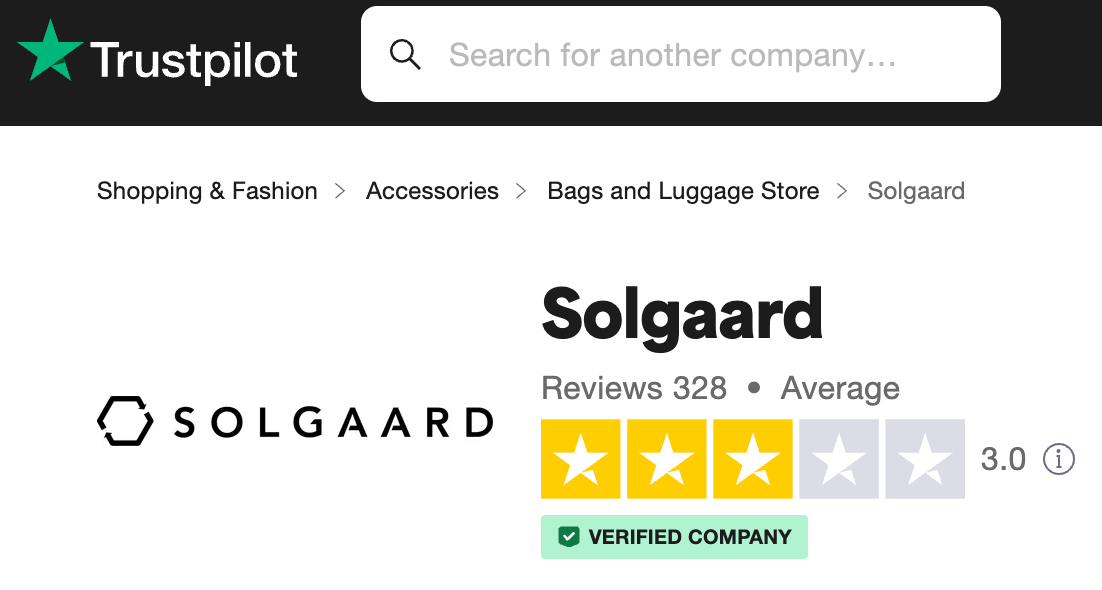 solgaard trustpilot review screenshot 3.0 stars out of 5 stars average review solgaard logo trustpilot logo in green