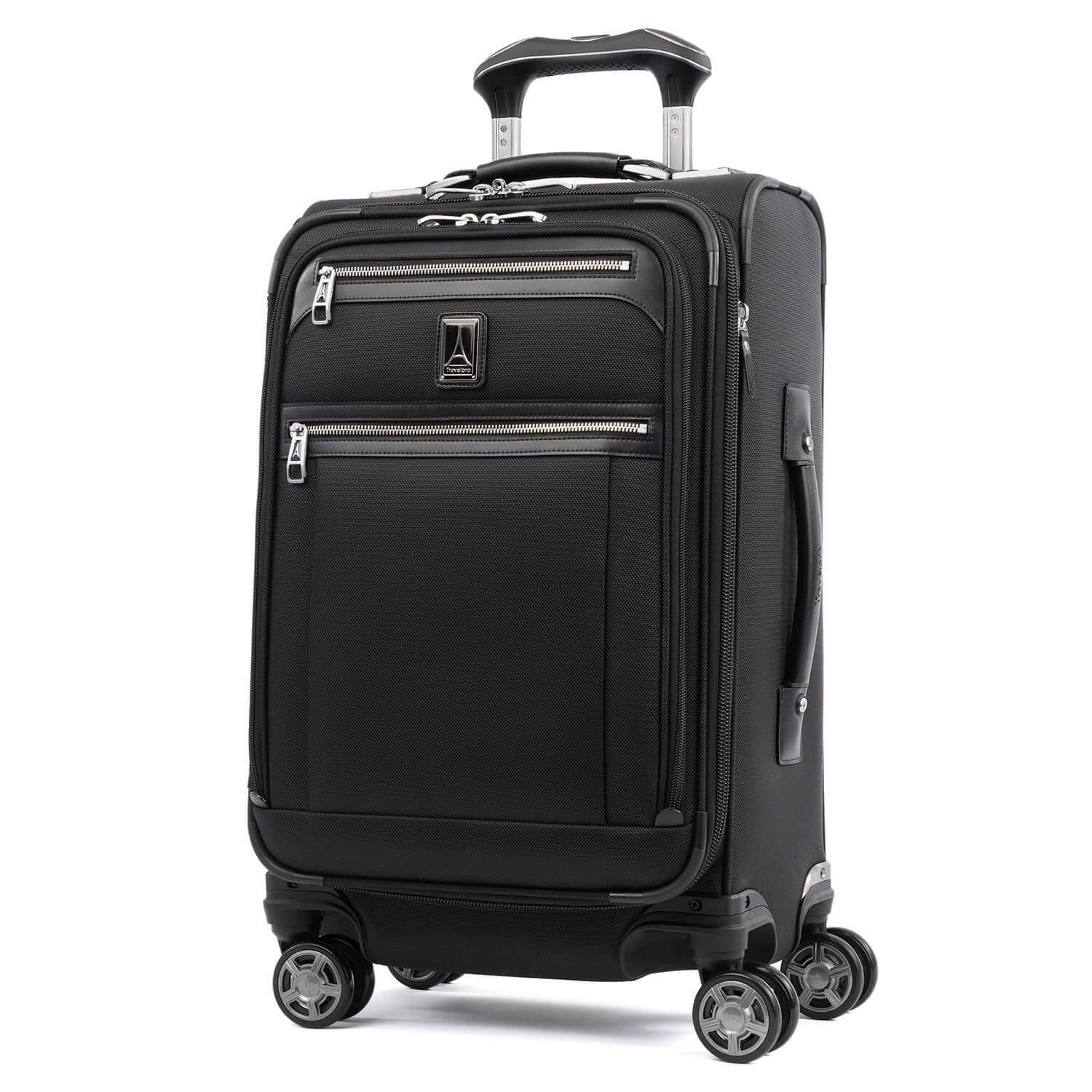 travelpro platinum elite 21 black carry on suitcase black wheels silver zippers black handle black travelpro logo