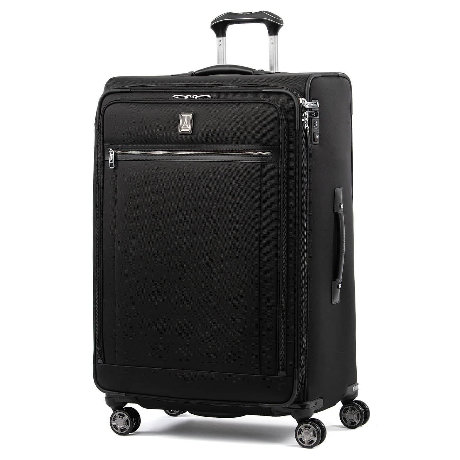 travelpro platinum elite 29 checked suitcase black suitcase black wheels silver zippers black and silver handle front zippered compartment with travelpro logo