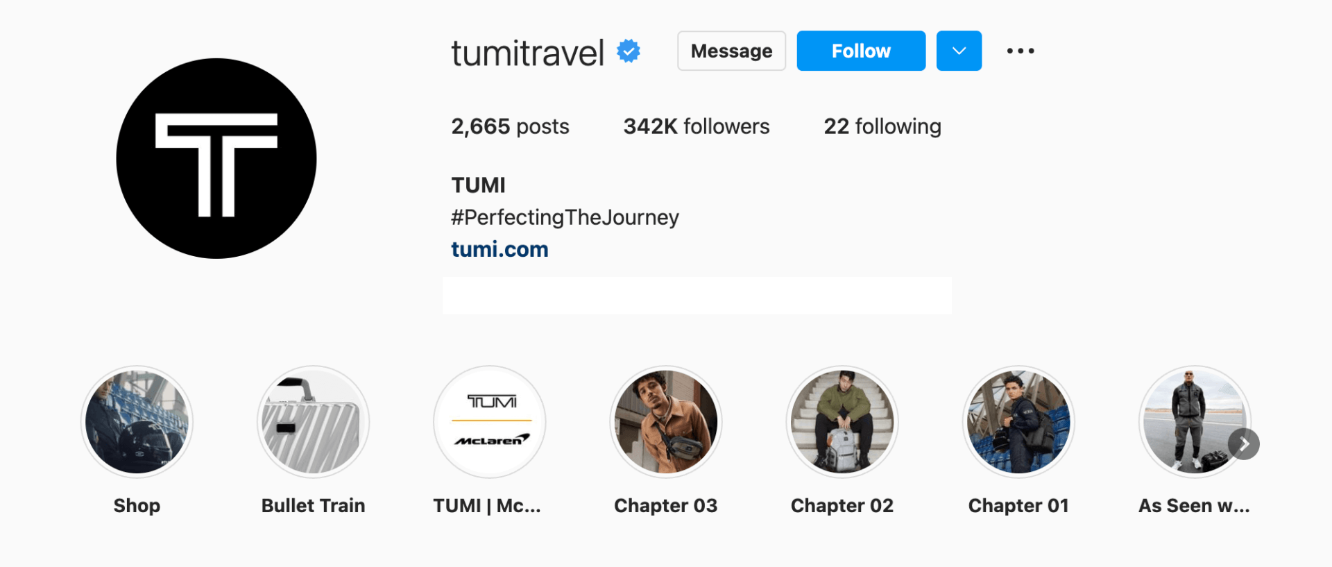 tumi instagram page with icons for various highlights of luggage brand
