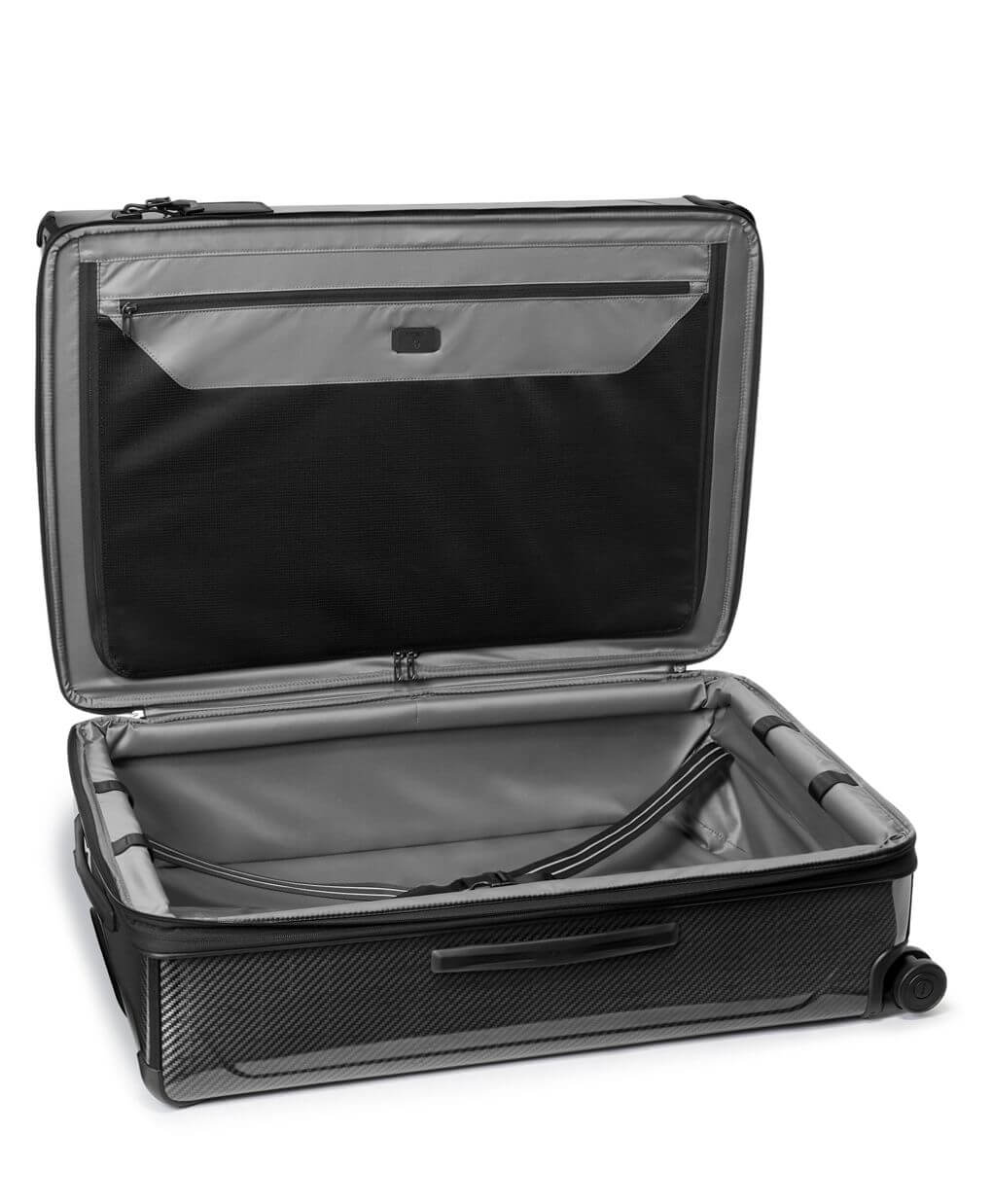 Tumi Large Trip Expandable Suitcase open with garment organizer in graphite color