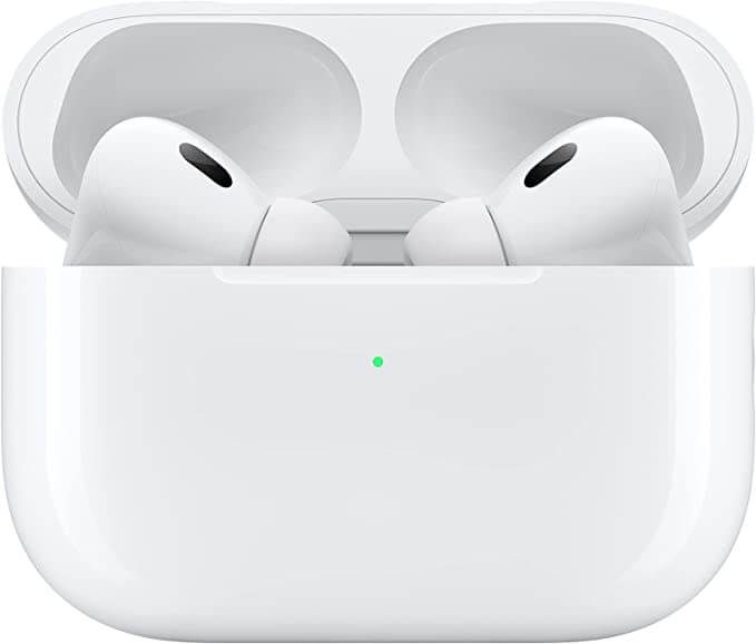 apple airpods pro bluetooth earbuds white earbuds inside white case with green indicator light for charging and use