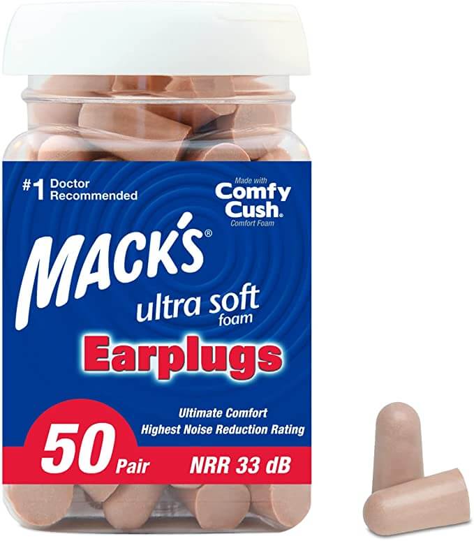mack's ultra soft earplugs clear bottle beige earplugs blue logo with white mack writing