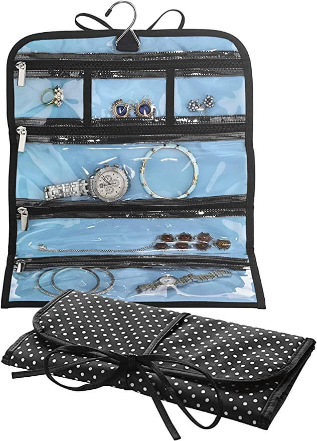conair jewelry organizer black polka dot design open organizer with pockets and light blue fabric top hook and black straps with black trim