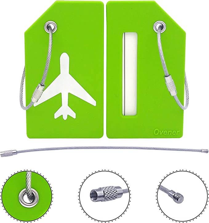 lime green luggage tags silver steel cables white airplane design