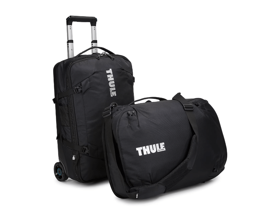 thule subterra wheeled duffel bag black duffel bag split in two carrying bags white thule logo