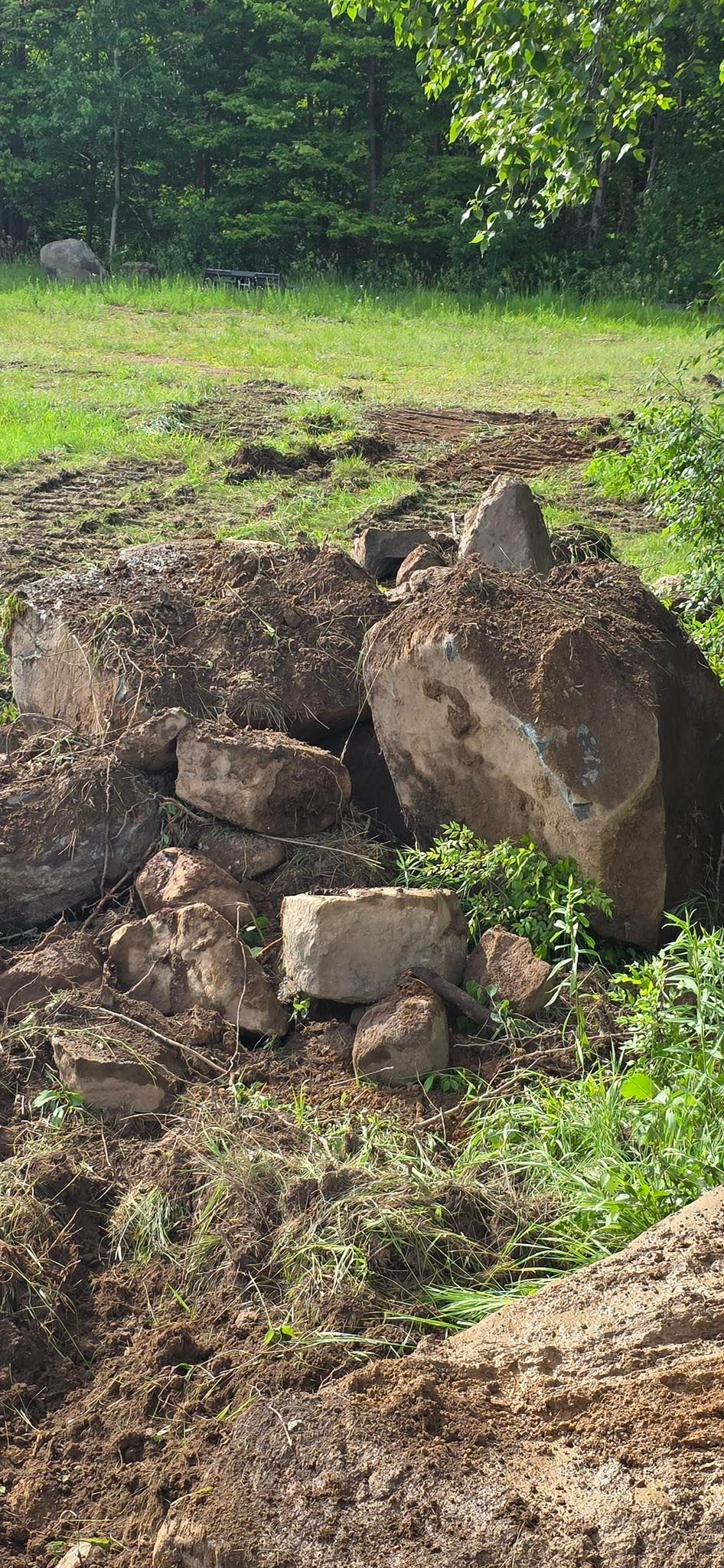 A pile of large, rugged rocks and soil sits at the edge of a grassy field near a forest.
