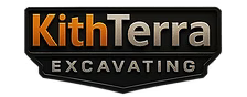Logo for KithTerra Excavating with the company name in orange and silver letters on a black shield-shaped background.