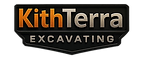 Logo for KithTerra Excavating, featuring the word "KithTerra" above "EXCAVATING" inside a black shield-shaped badge.