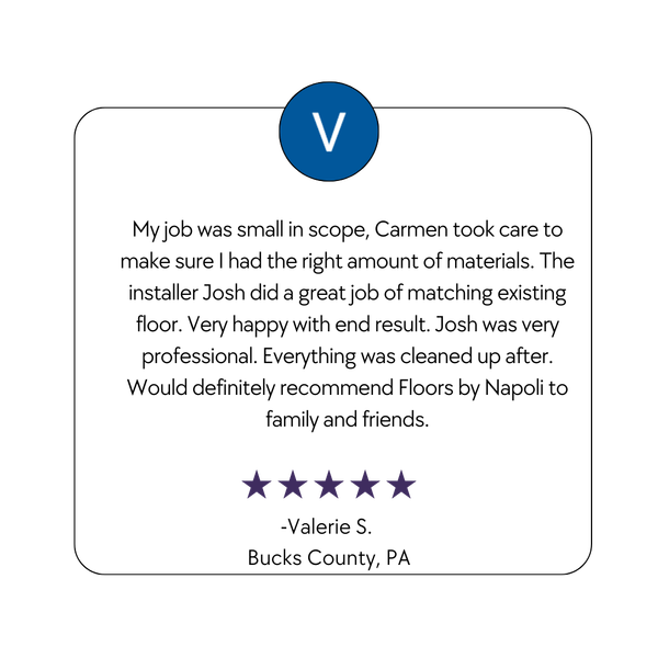 Five-star review card with blue “V” logo, praising Carmen and installer for a job well done.