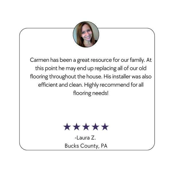 Customer testimonial card with a portrait, five purple stars, and text praising Carmen’s flooring work.