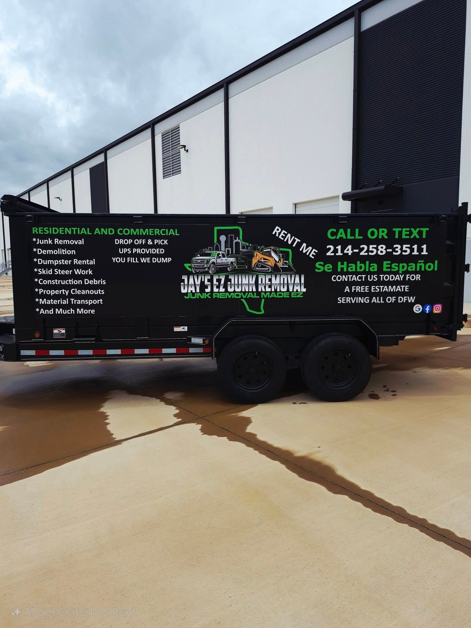 Black dump trailer with green and white text, parked on wet concrete in front of a building.
