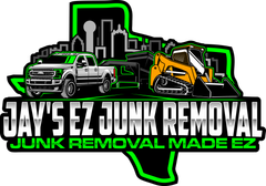Logo for Jay's EZ Junk Removal with a truck, a skid steer, and a Texas outline. Green and black with text.