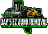 Logo for Jay's EZ Junk Removal with a truck, a skid steer, and a Texas outline. Green and black with text.