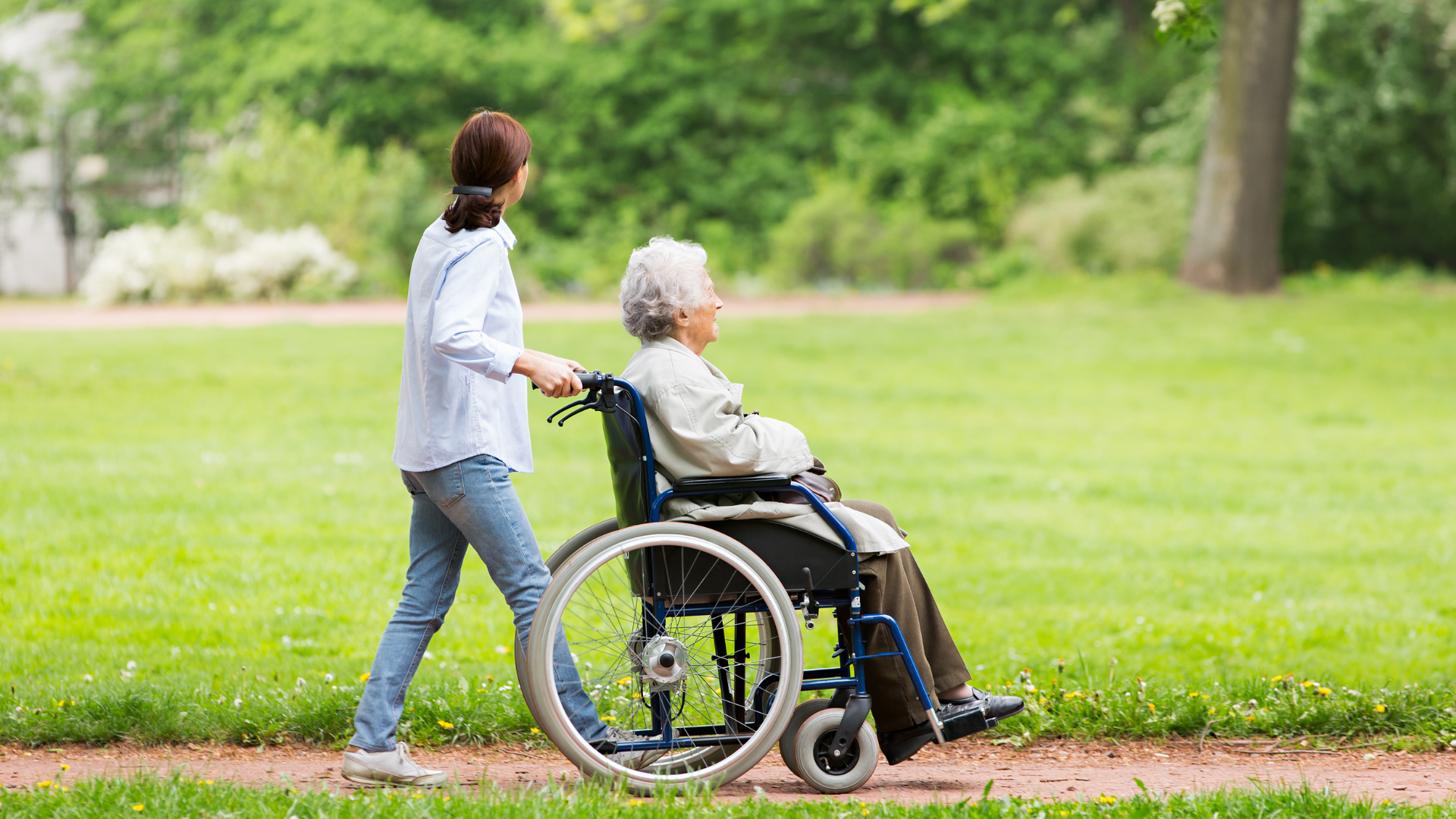 Young woman pushing an elderly woman in a wheelchair along a grassy path in a park.