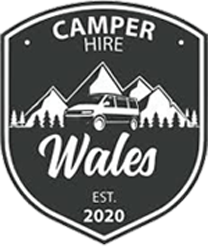 Black and white Camper Hire Wales logo: van in front of mountains and trees. Text: 
