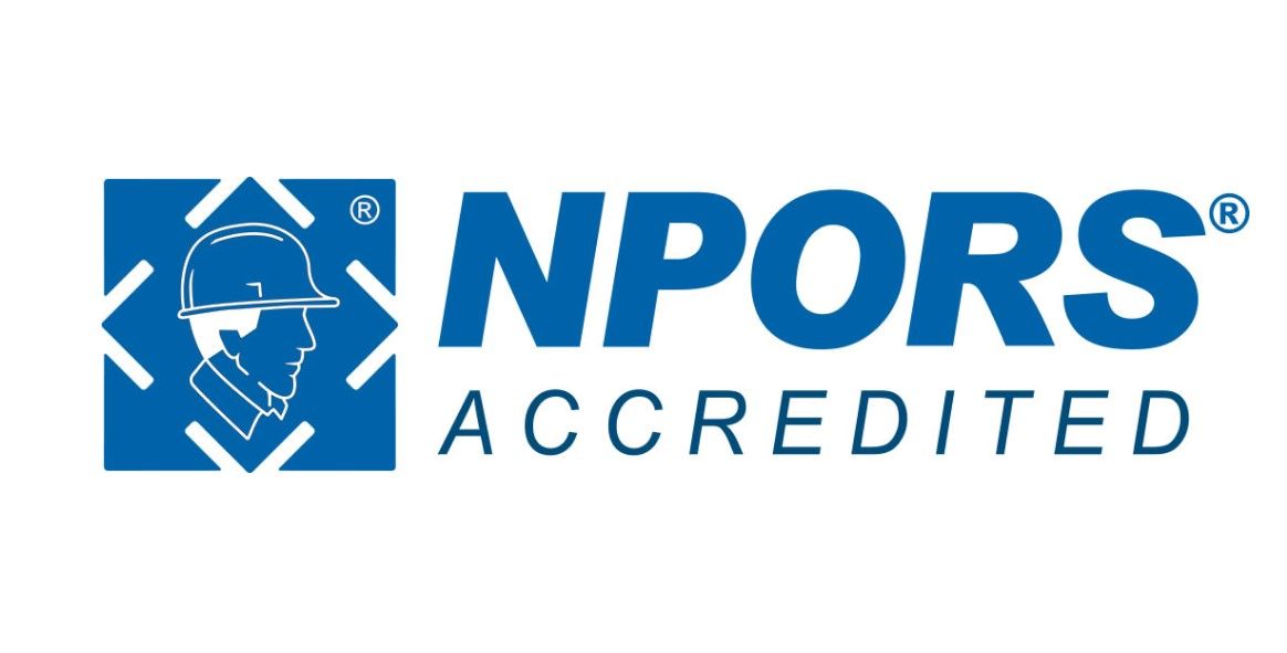 A blue and white logo for npors accredited