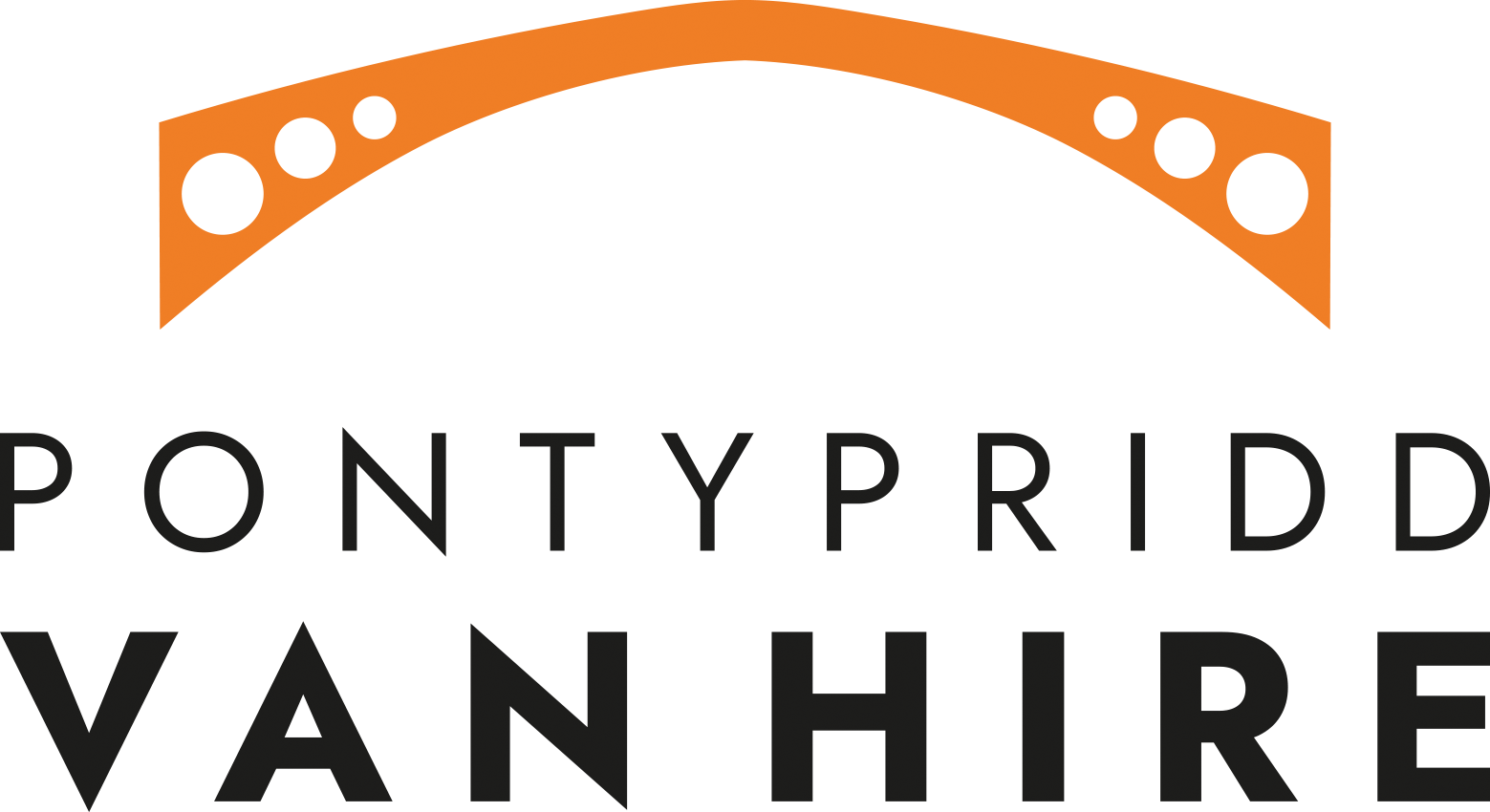 Logo for Pontypridd Van Hire, featuring an orange arch with holes above black text.