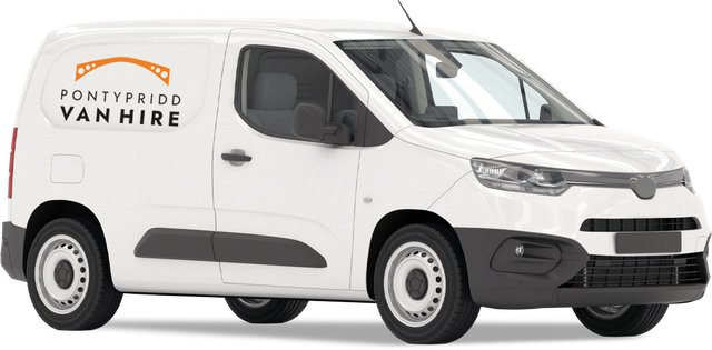 White Pontypridd Van Hire van with orange logo, parked.