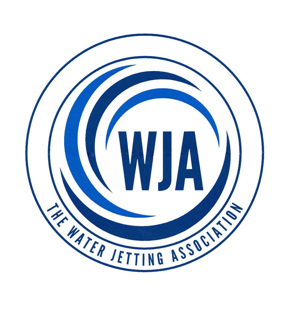 A blue and white logo for the water jetting association