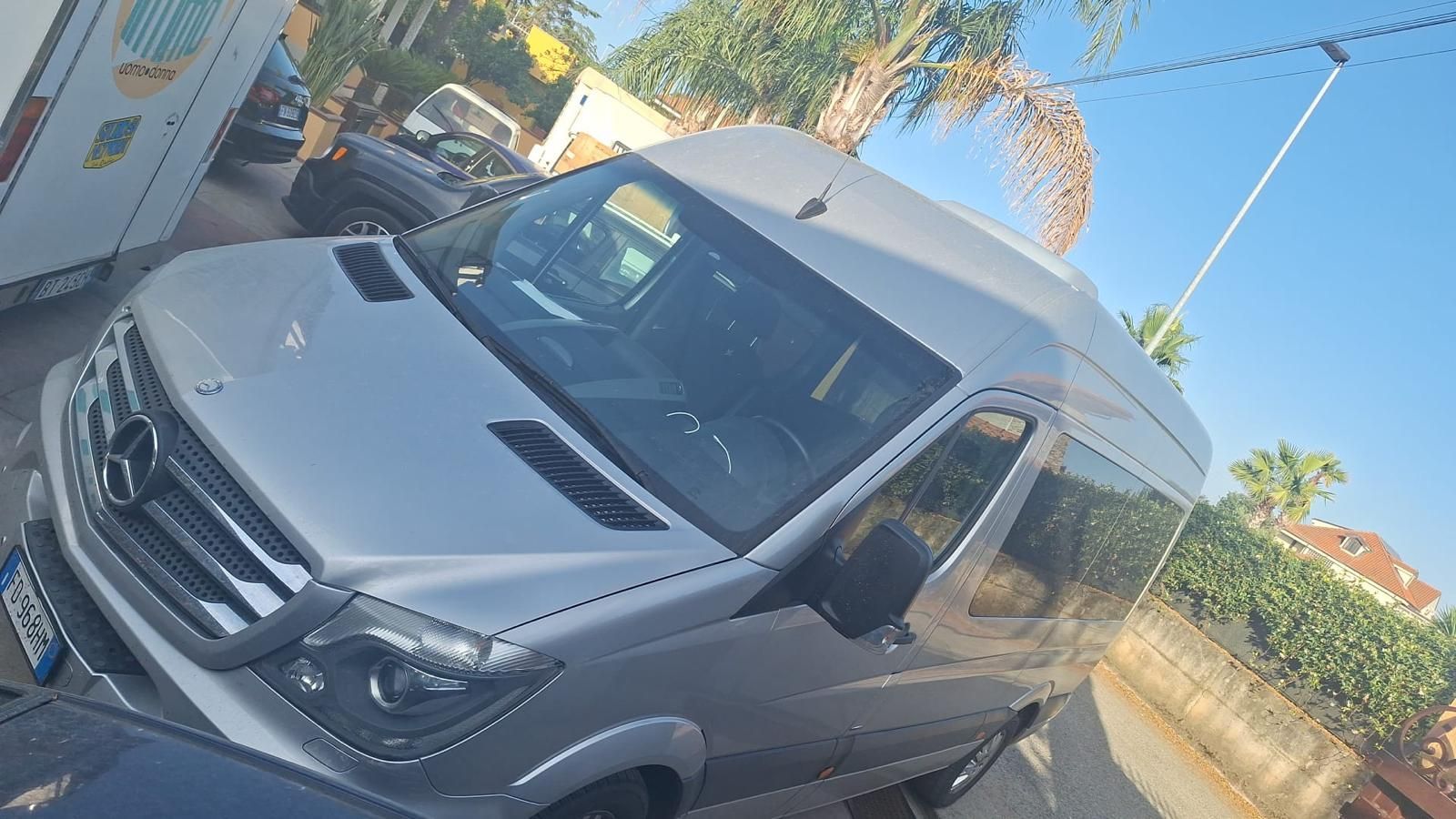 Furgone Mercedes-Benz Sprinter color argento parcheggiato all'aperto in una giornata di sole, vista angolata.