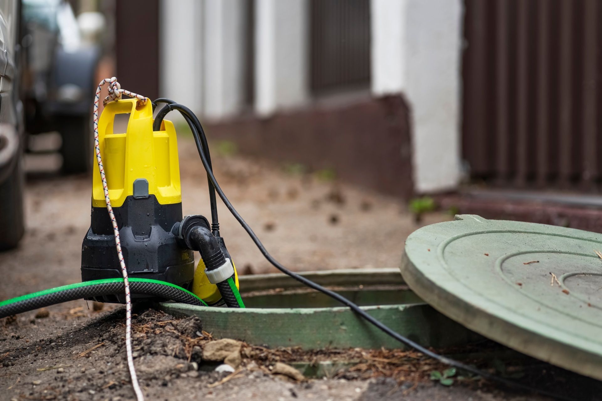 A yellow and black water pump is attached to a manhole cover.