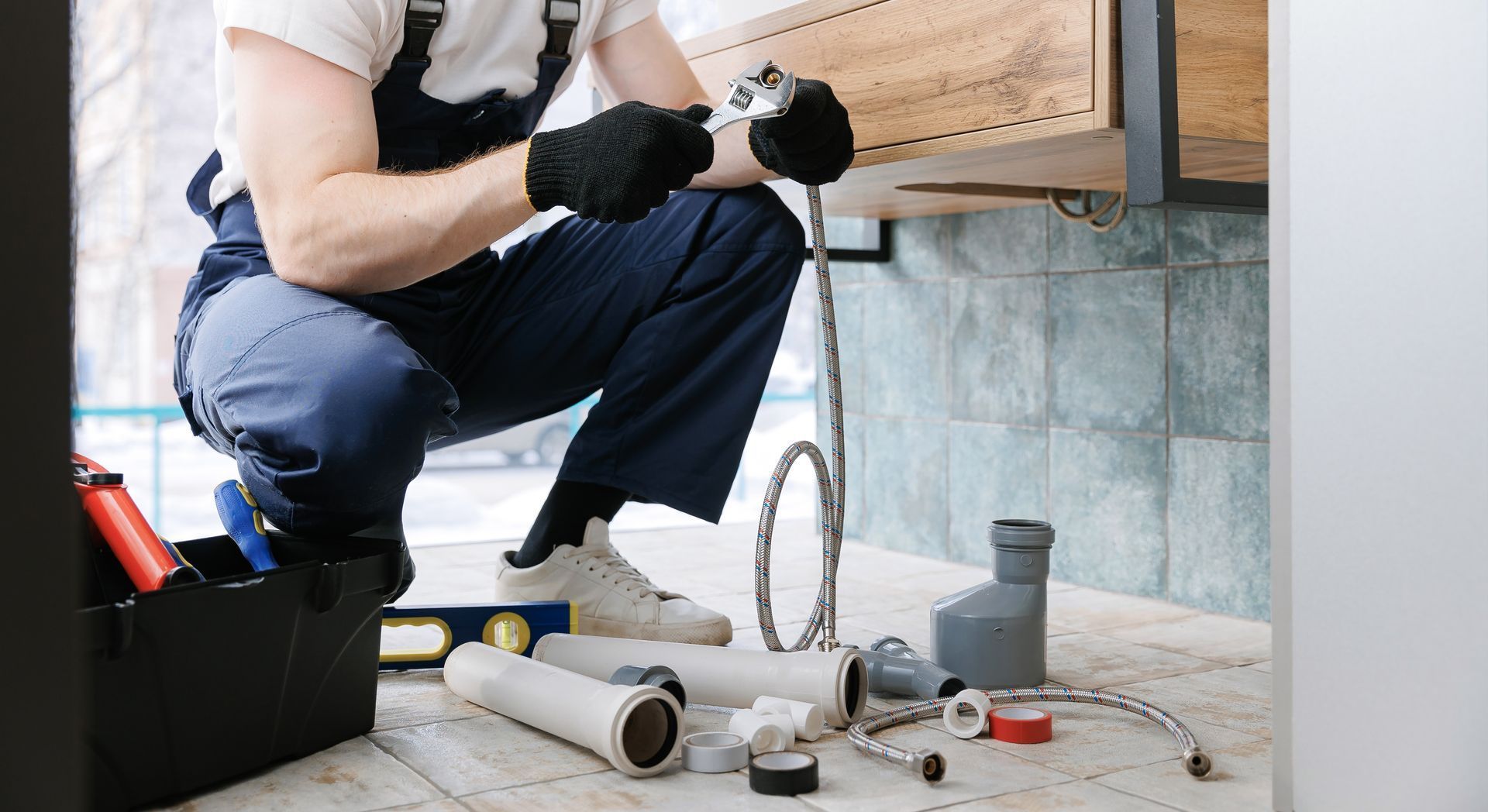 A plumber is kneeling down under a sink in a bathroom.