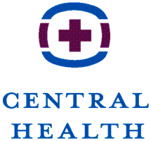 A logo for central health with a purple cross in a blue circle