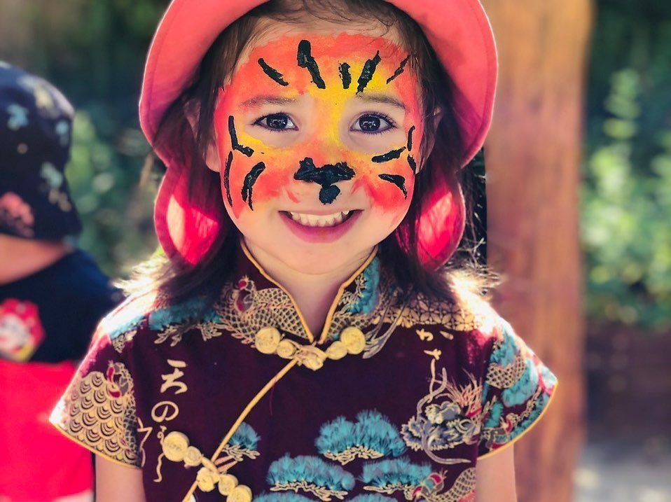 A child in a patterned dark red traditional outfit and a pink hat, smiling with face paint designed as a tiger.