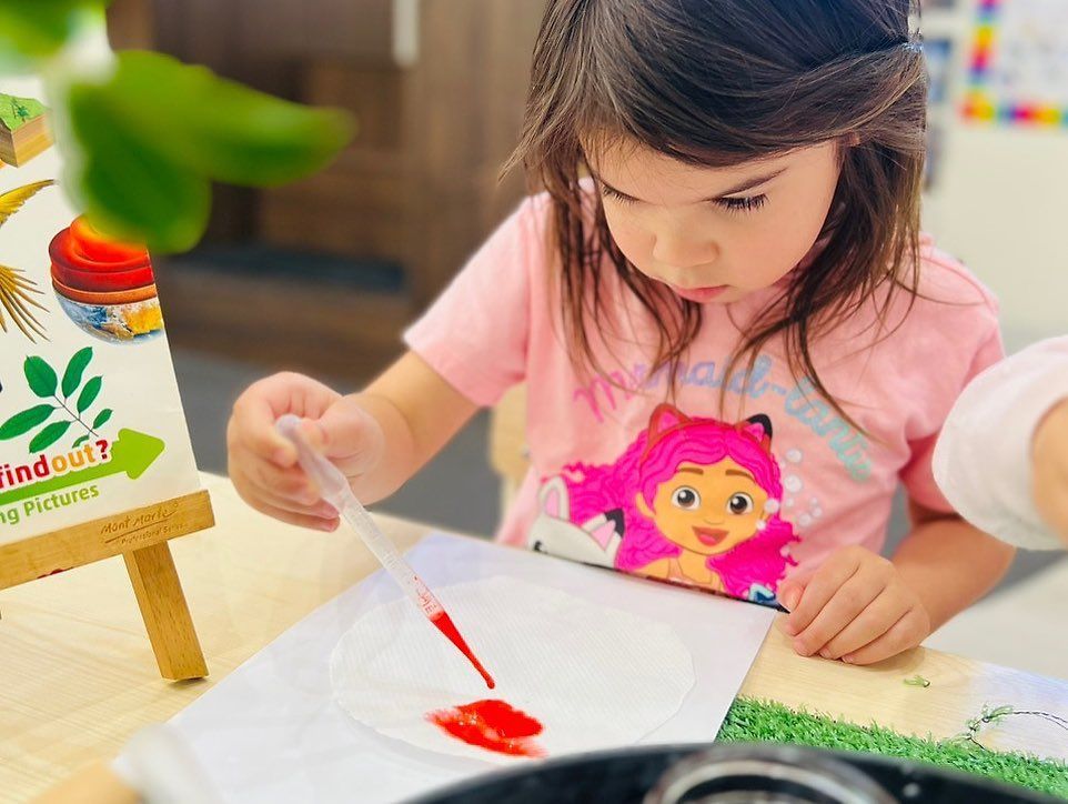 A child in a pink shirt uses a dropper to place red liquid onto a white paper during a science or art activity.