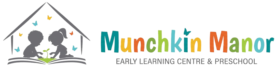 Logo for Munchkin Manor Early Learning Centre, showing two children tending a sprout inside a house outline with butterflies.