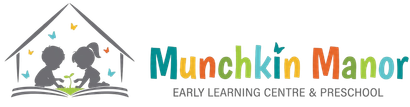 Logo for Munchkin Manor Early Learning Centre, showing two children tending a sprout inside a house outline with butterflies.