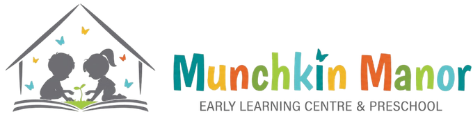 Logo for Munchkin Manor Early Learning Centre, showing two children tending a sprout inside a house outline with butterflies.