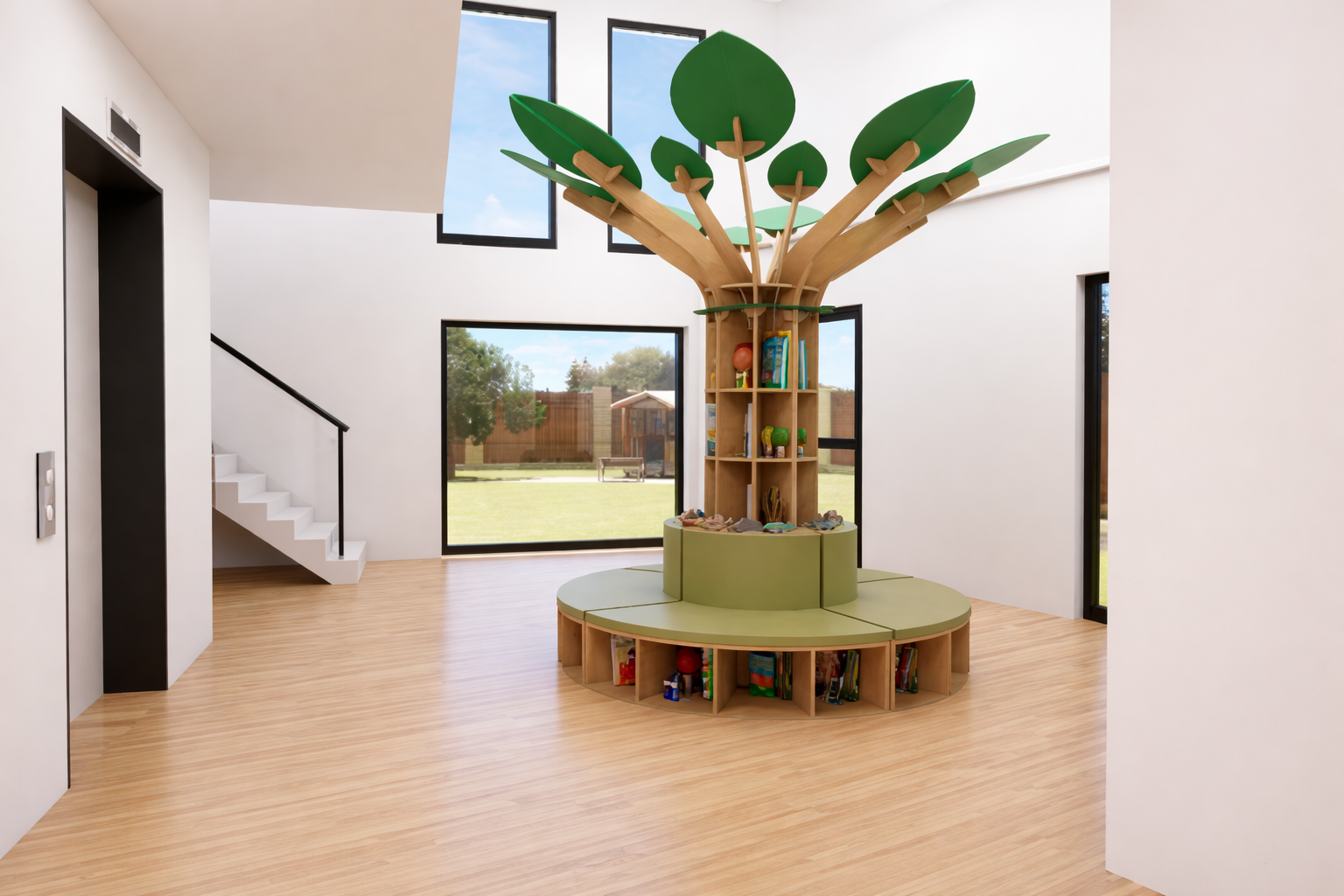 A modern, sunlit lobby with wood flooring, featuring a whimsical tree-shaped wooden bookshelf with seating at its base.