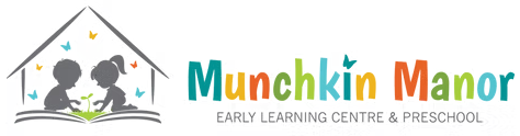 Logo for Munchkin Manor Early Learning Centre, showing two children tending a sprout inside a house outline with butterflies.