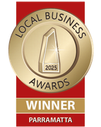 A gold Local Business Awards 2025 winner badge for Parramatta on a red vertical background.