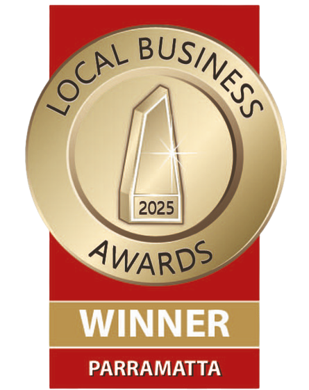 A gold Local Business Awards 2025 winner badge for Parramatta on a red vertical background.