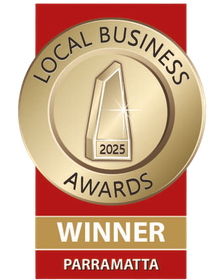 A gold Local Business Awards 2025 winner badge for Parramatta on a red vertical background.