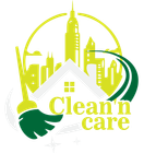 Logo for "Clean n Care" cleaning service: green and yellow buildings, broom, house outline.