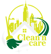 Logo for "Clean n Care" cleaning service: green and yellow buildings, broom, house outline.
