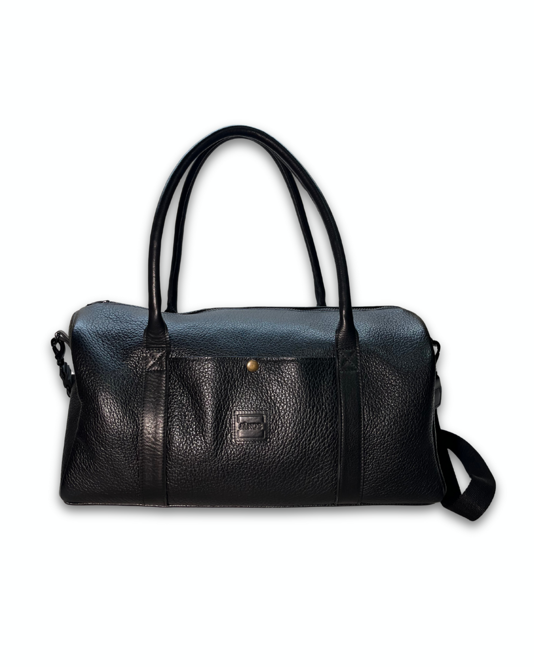 Bolso de viaje negro texturizado con asas y correa para el hombro.