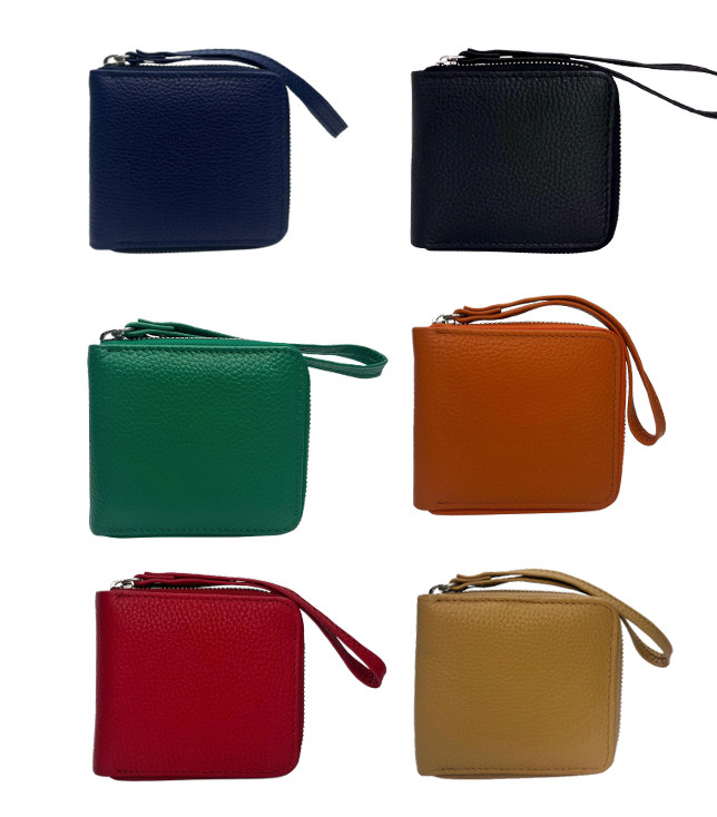 Seis carteras cuadradas con cremallera en varios colores sólidos: azul, negro, verde, naranja, rojo y tostado.