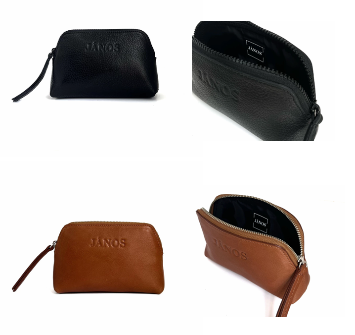 Cuatro imágenes de bolsas de cosméticos de cuero en negro y marrón, con logotipo en relieve.