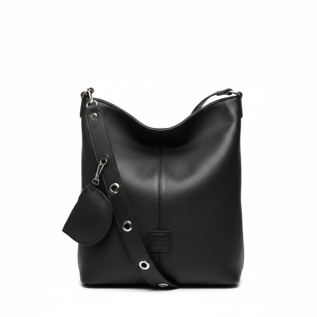 Bolso tipo cubo de piel de color negro con monedero incorporado y correa ajustable.