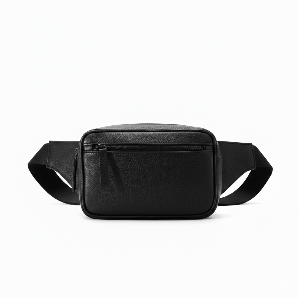 Riñonera de piel negra con compartimento principal con cremallera y correa ajustable.
