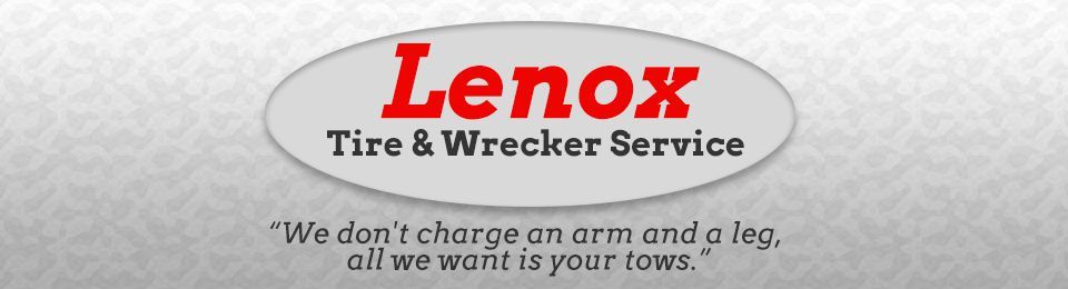 Lenox Tire & Wrecker Service logo with an oval, a red company name, and a tagline about fair pricing.