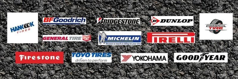 Logos of various tire brands, including Hankook, Michelin, and Goodyear, on a textured background.