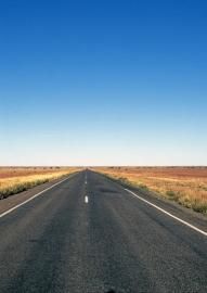 Road stretching to the horizon under a clear blue sky, flanked by dry, grassy land.